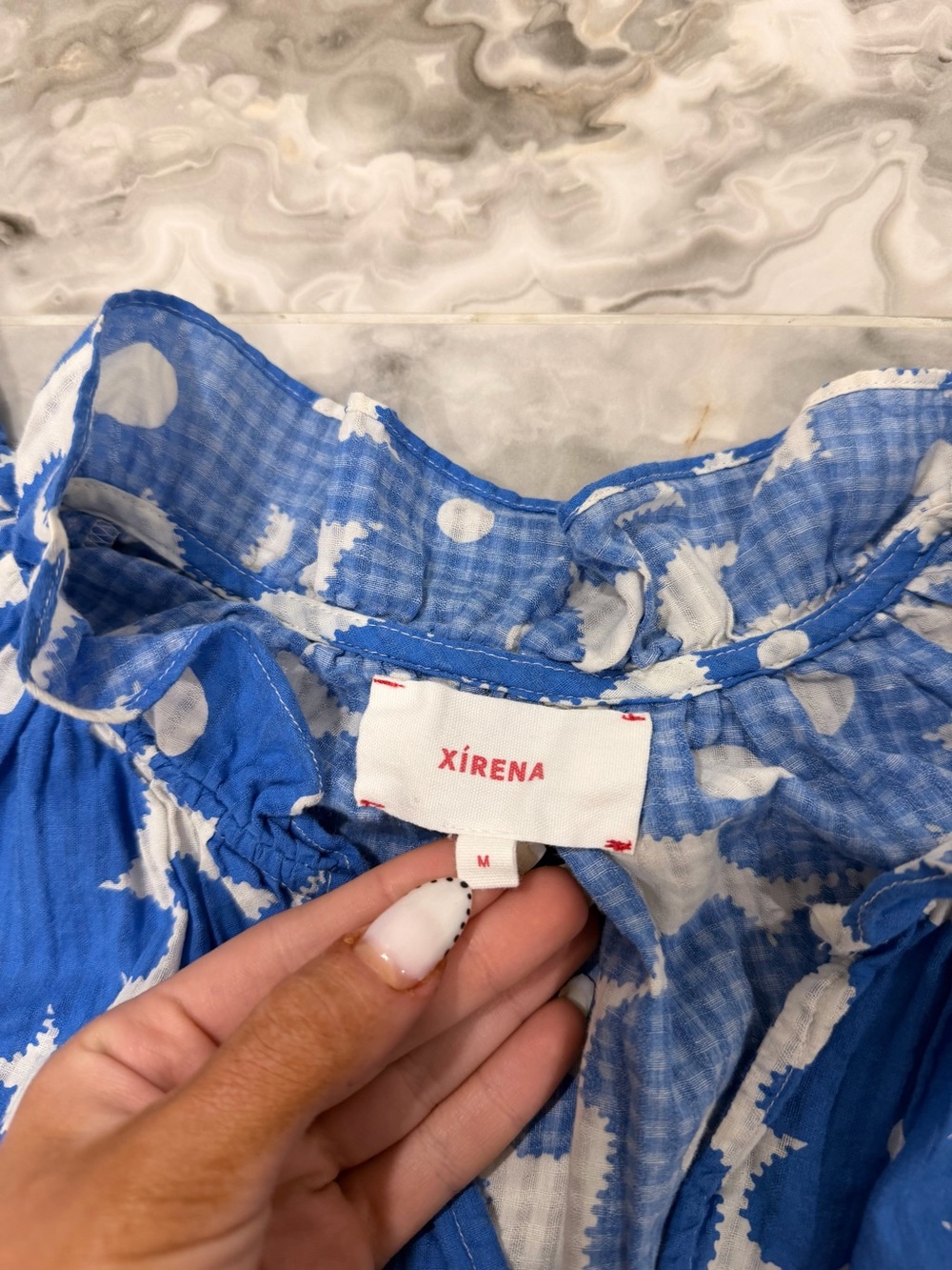 XiRENA Blue & White Polka Floral Ruffle Top - Picture 2 of 4